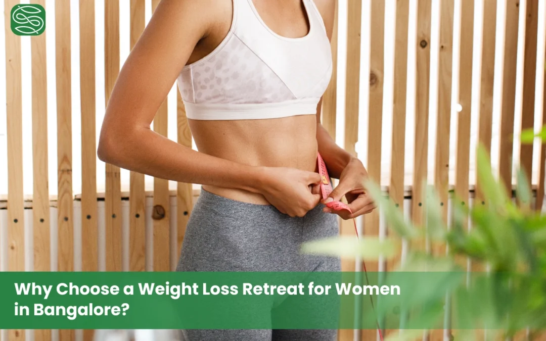Woman showing visible weight loss transformation through Ayurvedic treatment at Shathayu women's retreat Bangalore .